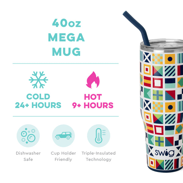 Swig Life 40oz Nauti Girl Mega Mug temperature infographic - cold 24+ hours or hot 9+ hours