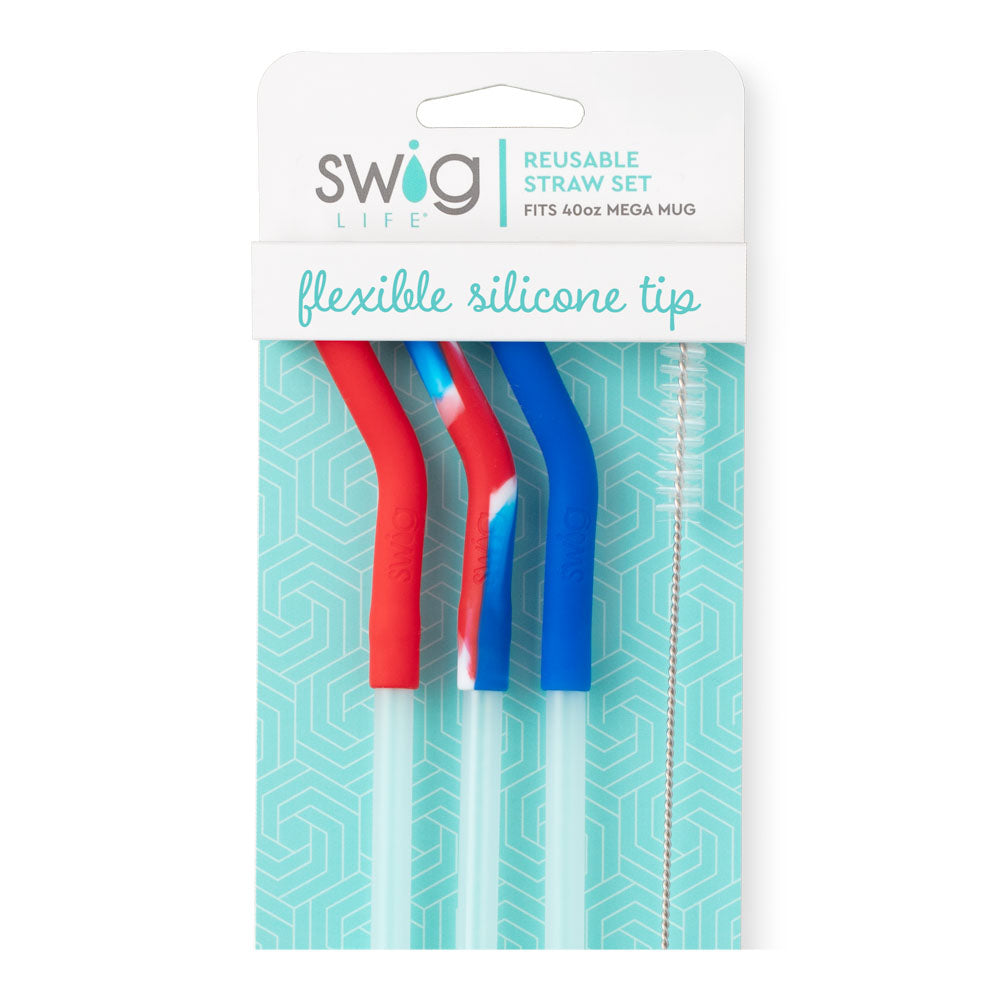 Swig Life All American Reusable Straw Set with cleaning brush close up - Swig Life