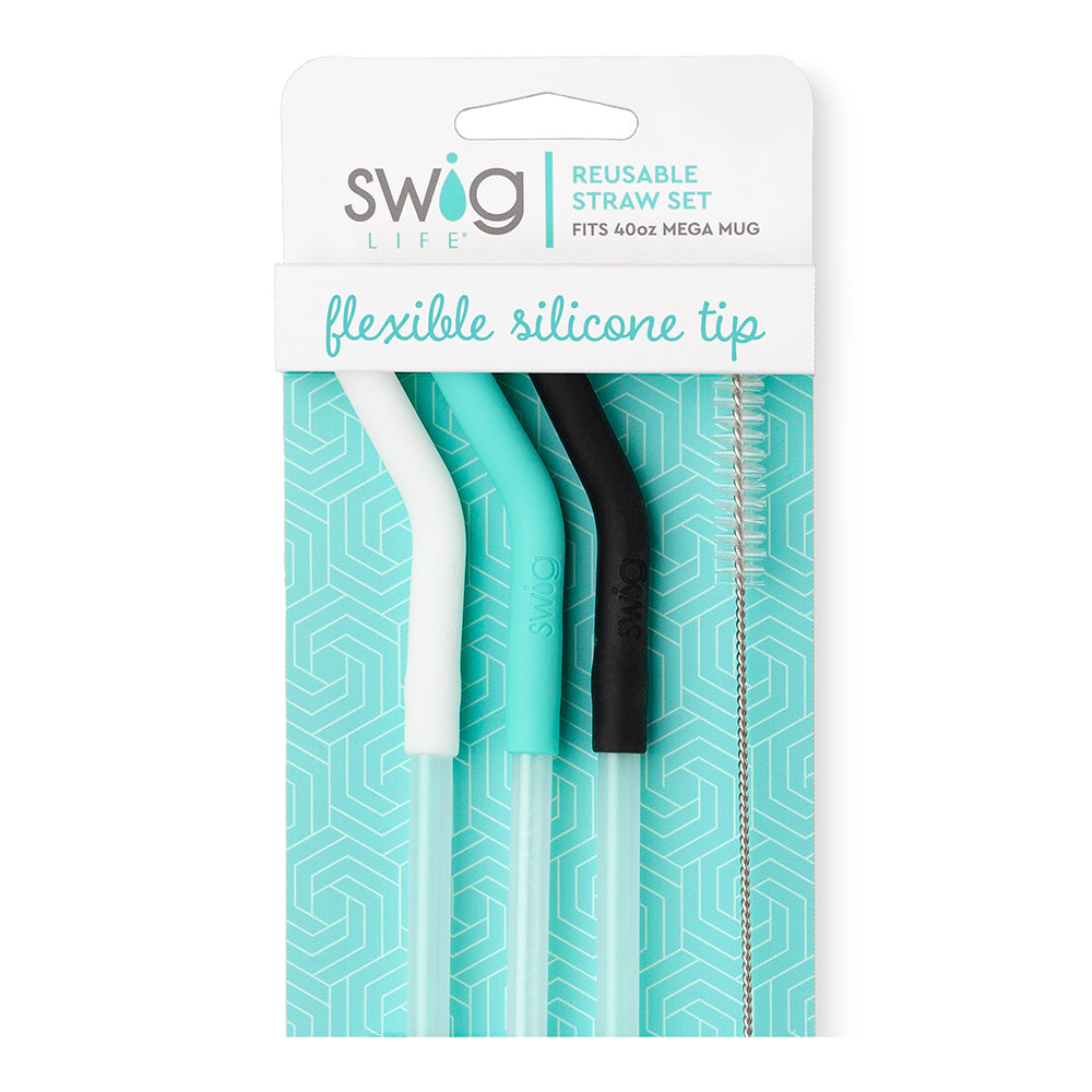 White/Aqua/Black Reusable Straw Set Mega Mugs - Swig Life