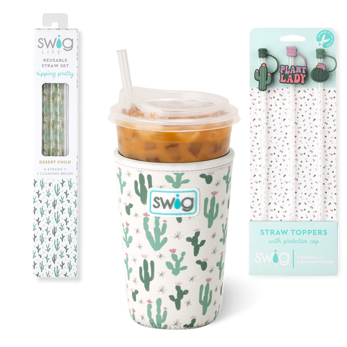 Swig Life Desert Child Accessory Bundle featuring an Iced Cup Coolie, Straw Topper Set, and Reusable Straw Set