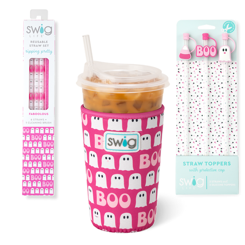 Swig Life Faboolous Accessory Bundle featuring an Iced Cup Coolie, Straw Topper Set, and Reusable Straw Set