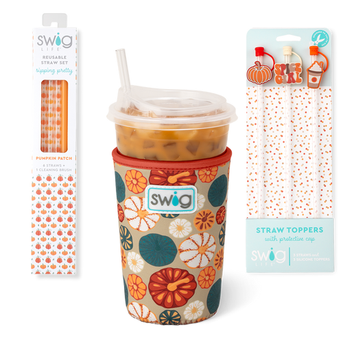 Swig Life Fall Harvest Accessory Bundle featuring an Iced Cup Coolie, Straw Topper Set, and Reusable Straw Set