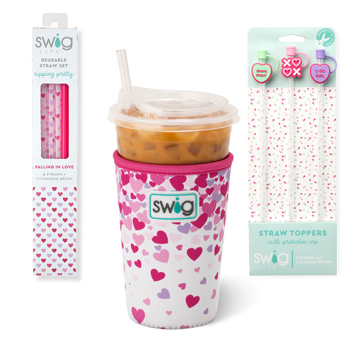 Swig Life Falling in Love Accessory Bundle featuring an Iced Cup Coolie, Straw Topper Set, and Reusable Straw Set