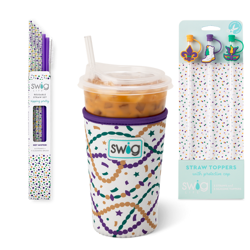 Swig Life Hey Mister Accessory Bundle featuring an Iced Cup Coolie, Straw Topper Set, and Reusable Straw Set