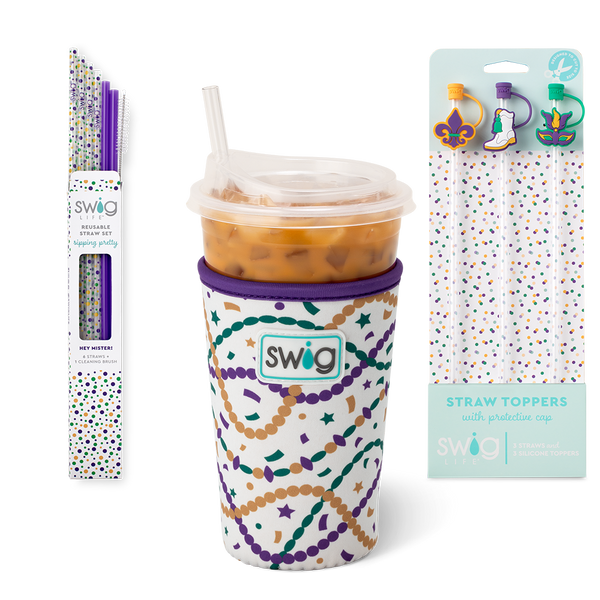 Swig Life Hey Mister Accessory Bundle featuring an Iced Cup Coolie, Straw Topper Set, and Reusable Straw Set