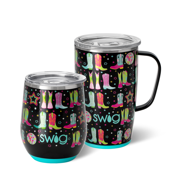 Swig Life Disco Cowgirl AM+PM Set including a 22oz Travel Mug and a 32oz Tumbler in front of a red paper fan