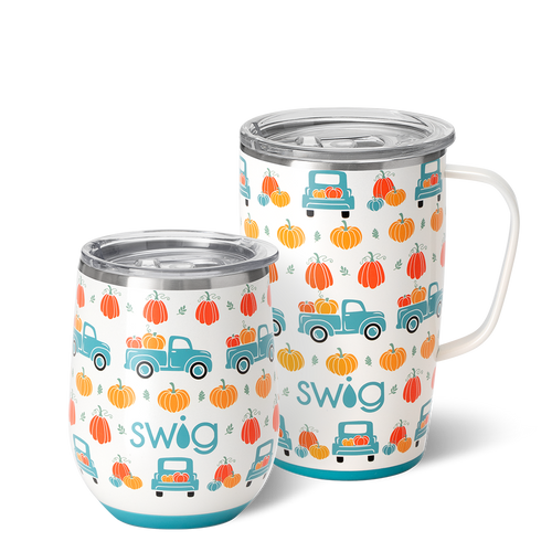 Swig Life Pumpkin Patch AM+PM Set including a 22oz Travel Mug and a 32oz Tumbler in front of a red paper fan