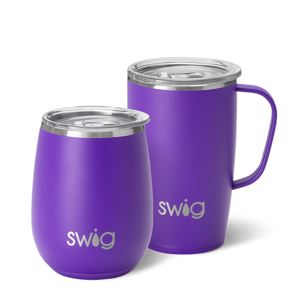 Swig Life Purple AM+PM Set including a 22oz Travel Mug and a 32oz Tumbler in front of a red paper fan