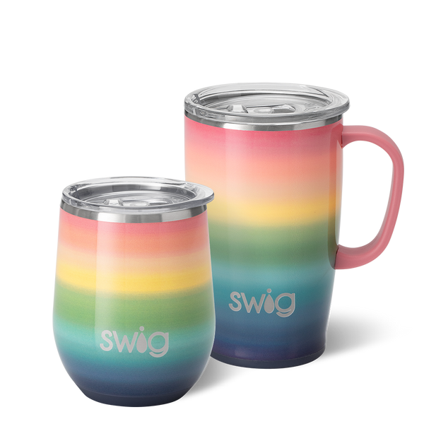 Swig Life Sunset AM+PM Set including a 22oz Travel Mug and a 32oz Tumbler in front of a red paper fan