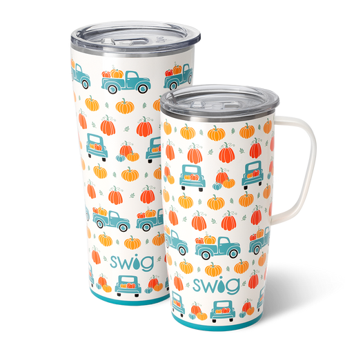 Swig Life Pumpkin Patch XL Set including a 22oz Travel Mug and a 32oz Tumbler in front of a red paper fan