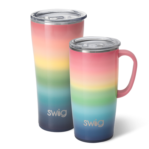 Swig Life Sunset XL Set including a 22oz Travel Mug and a 32oz Tumbler in front of a red paper fan