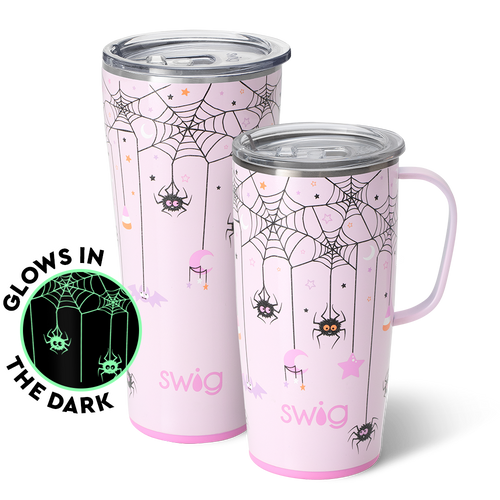 Swig Life Sweet and Spooky XL Set including a 22oz Travel Mug and a 32oz Tumbler in front of a red paper fan