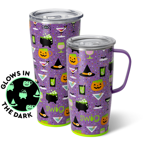 Swig Life Witches Brew XL Set including a 22oz Travel Mug and a 32oz Tumbler in front of a red paper fan