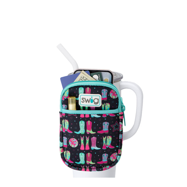 Swig Life Disco Cowgirl Neoprene Mega Mug Pouch with two pockets containing daily essentials