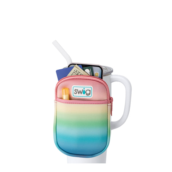 Swig Life Sunset Neoprene Mega Mug Pouch with two pockets containing daily essentials