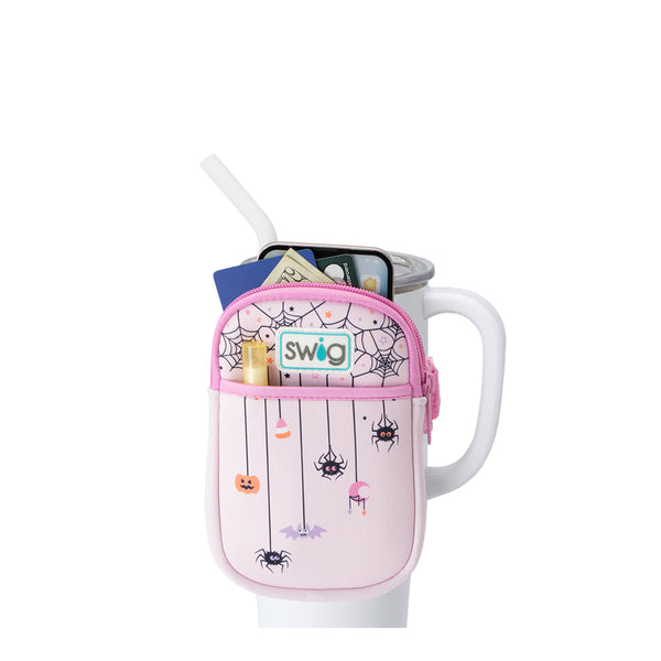 Swig Life Sweet and Spooky Neoprene Mega Mug Pouch with two pockets containing daily essentials