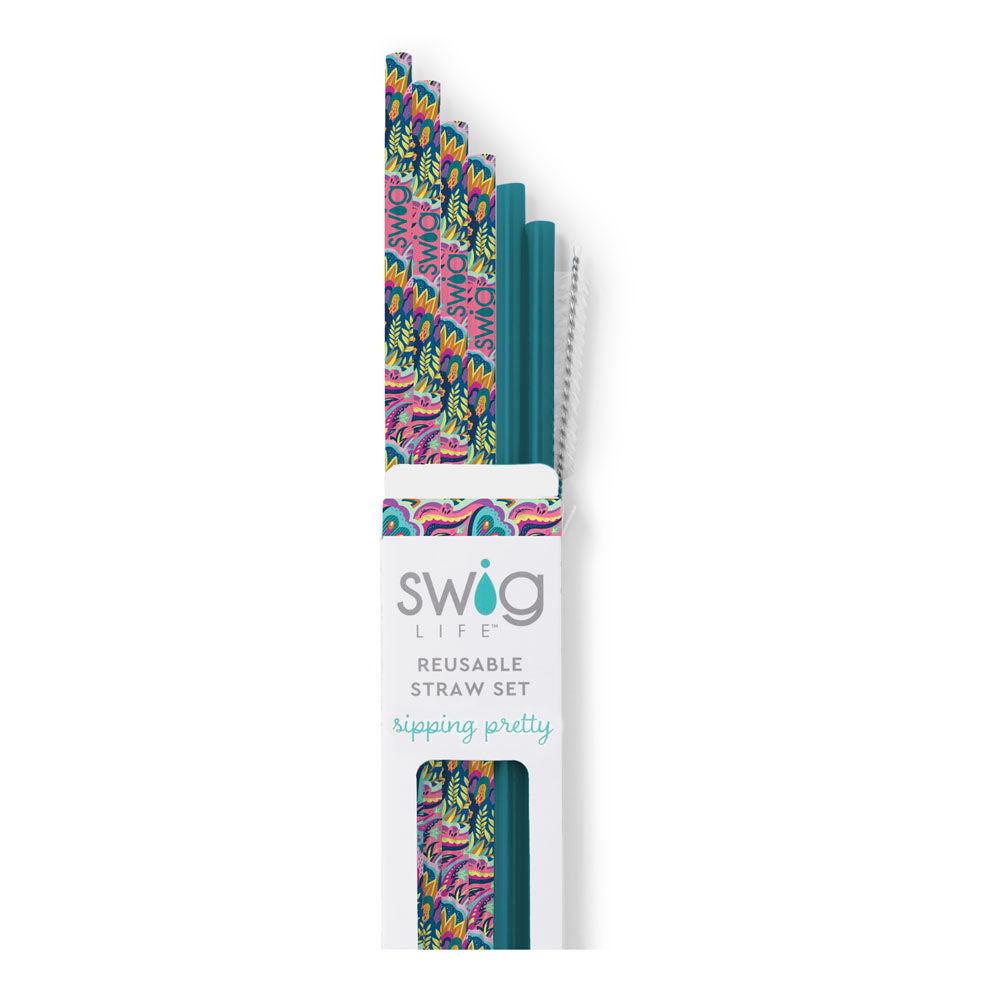 Swig Life Bazaar + Teal Reusable Straw Set with six straws and cleaning brush - Swig Life