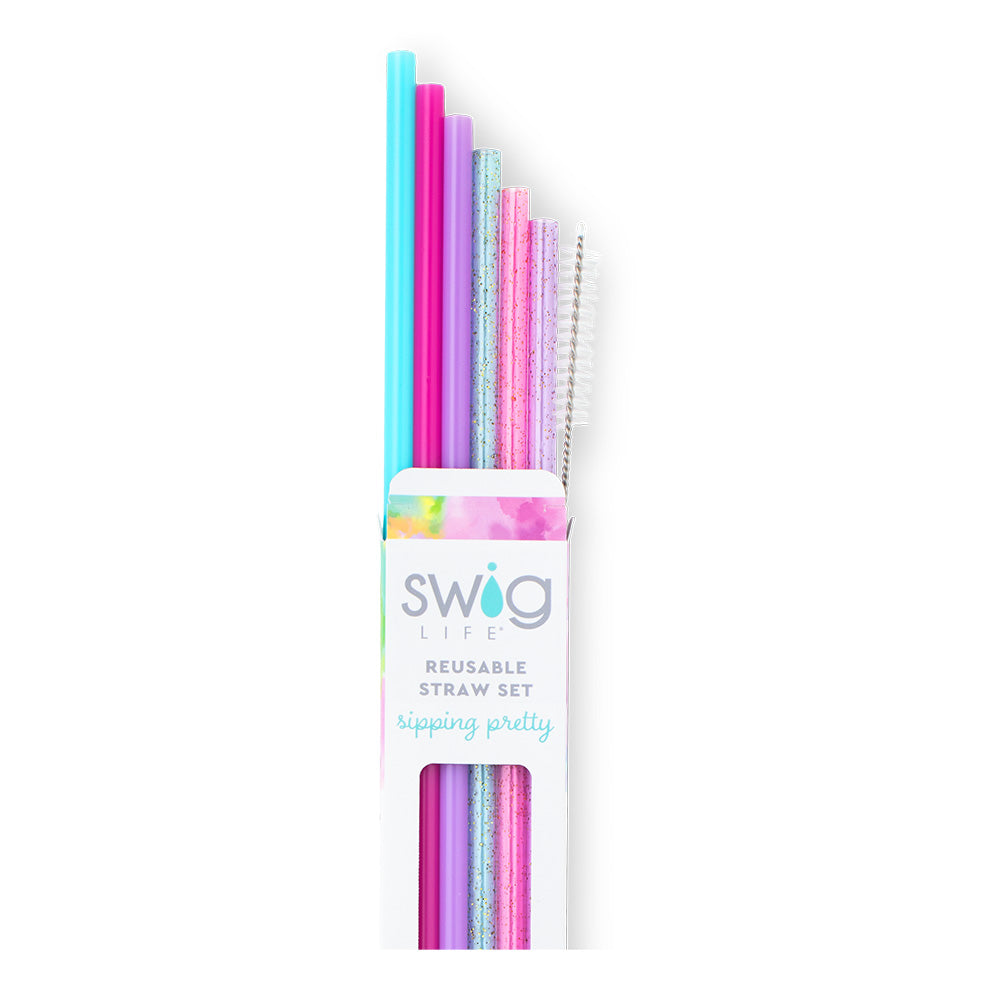 Swig Life Cloud Nine Glitter Reusable Straw Set with six straws and cleaning brush - Swig Life