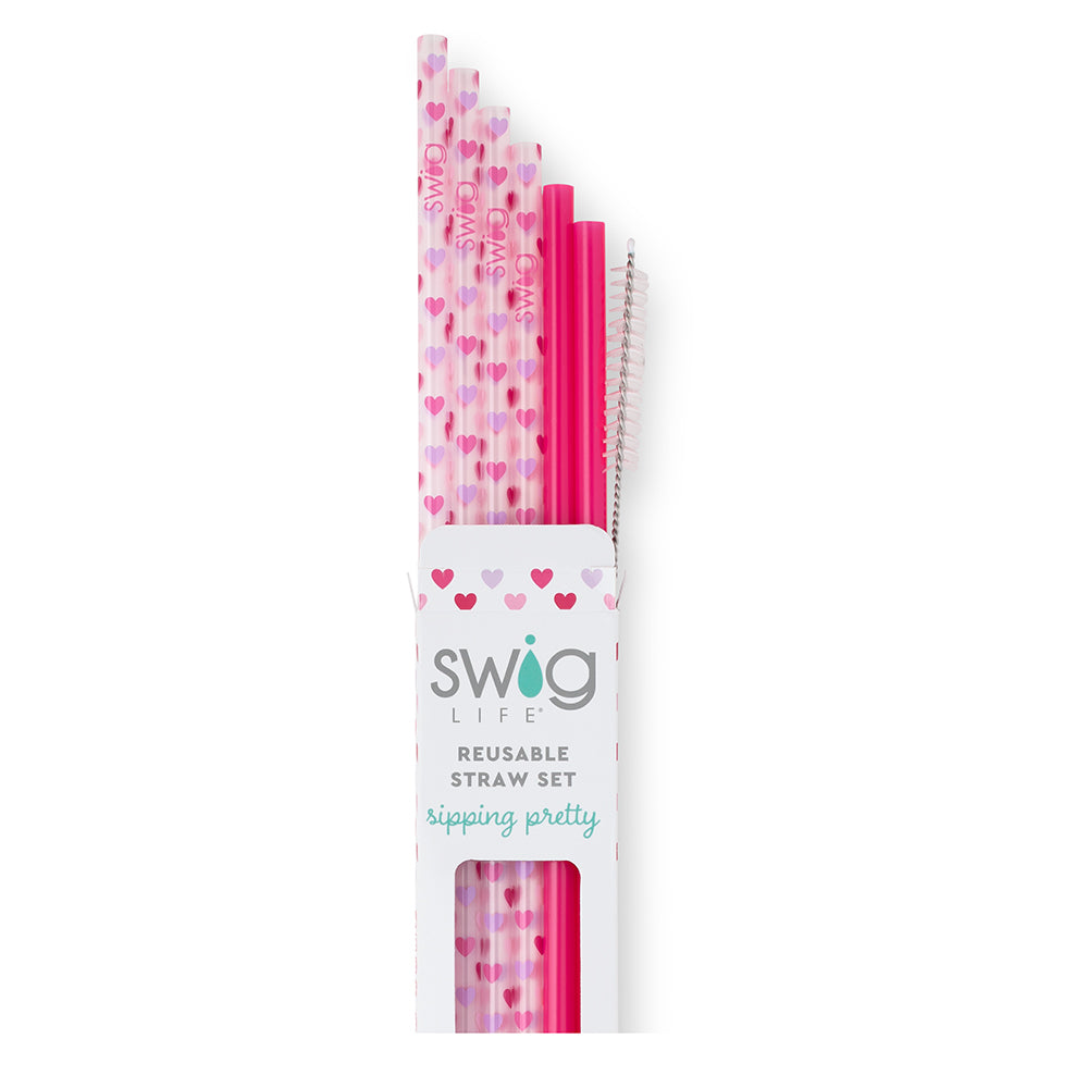 Swig Life Falling in Love + Pink Reusable Straw Set with six straws and cleaning brush - Swig Life