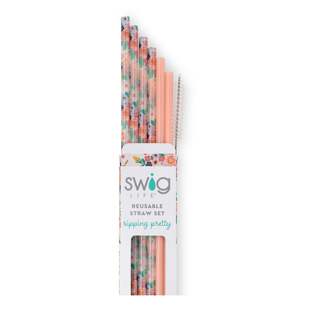 Swig Life Full Bloom + Coral Reusable Straw Set with six straws and cleaning brush - Swig Life