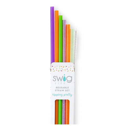 Swig Life Halloween Glitter Reusable Straw Set with six straws and cleaning brush