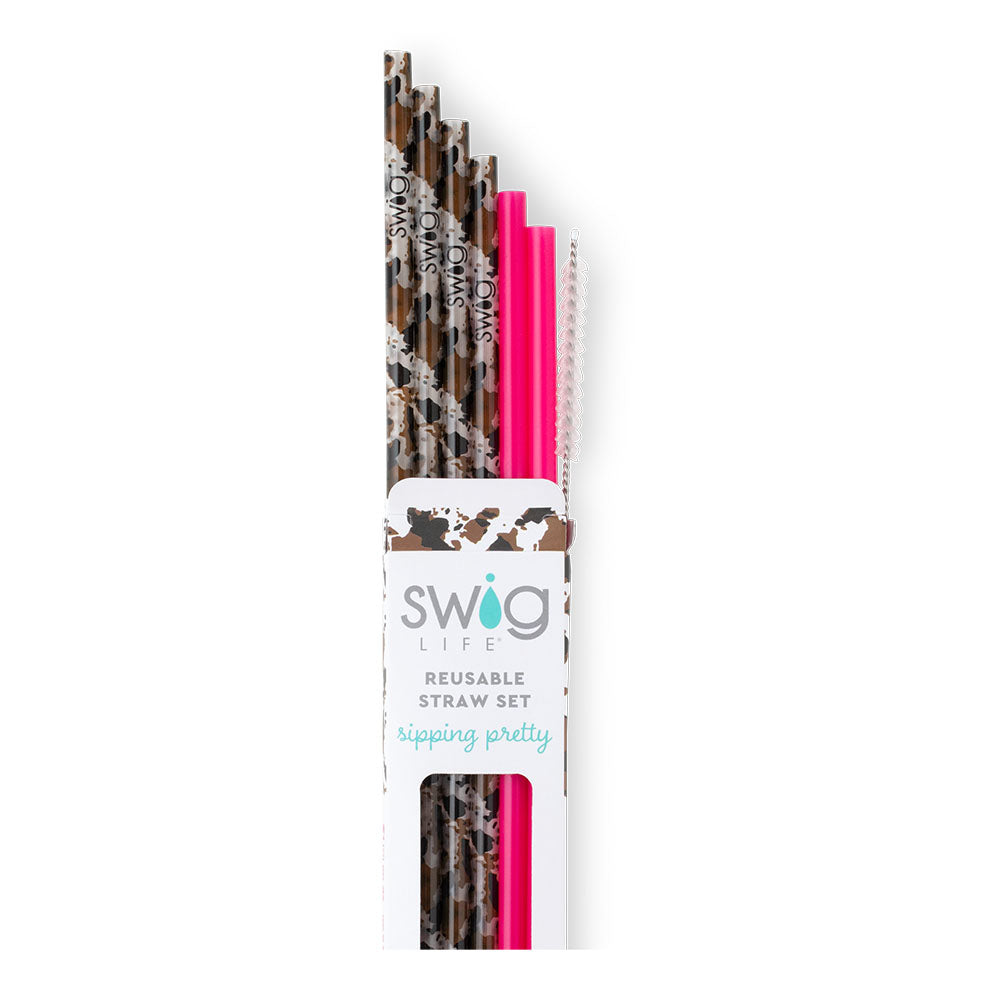 Swig Life Hayride + Hot Pink Reusable Straw Set with six straws and cleaning brush - Swig Life