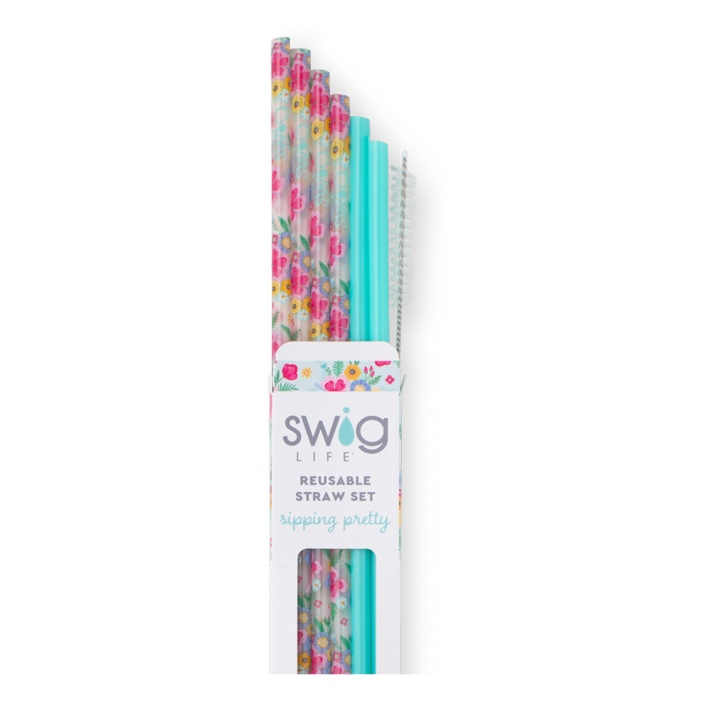 Swig Life Island Bloom + Mint Reusable Straw Set with six straws and cleaning brush - Swig Life