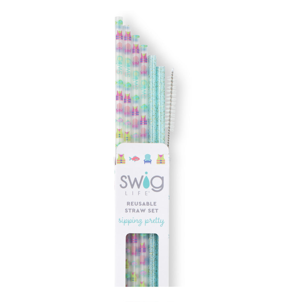 Swig Life Lake Girl + Aqua Glitter Reusable Straw Set with six straws and cleaning brush - Swig Life