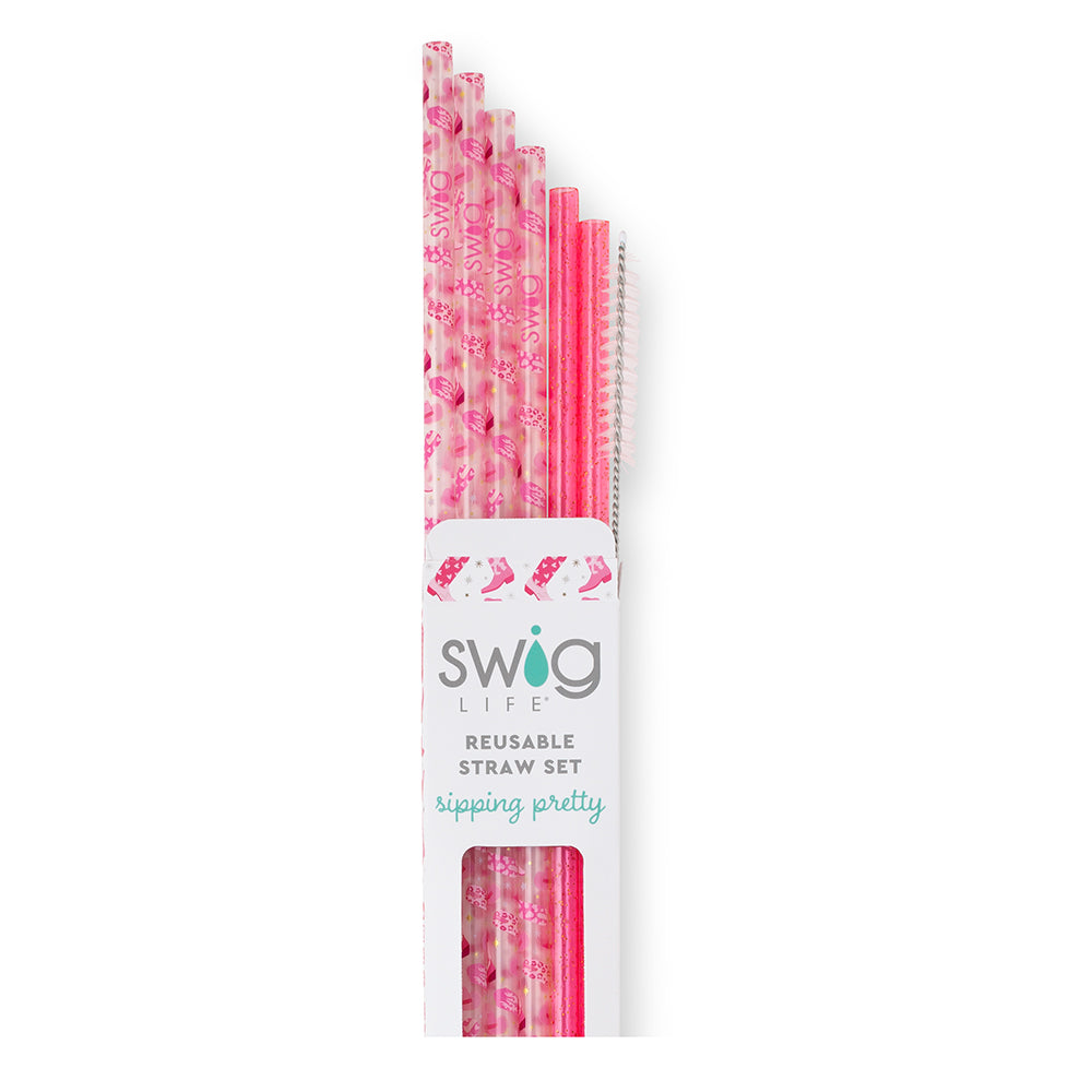 Swig Life Let's Go Girls + Pink Glitter Reusable Straw Set with six straws and cleaning brush - Swig Life