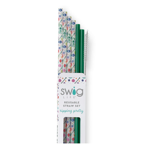 Swig Life O Christmas Tree + Green Reusable Straw Set with six straws and cleaning brush