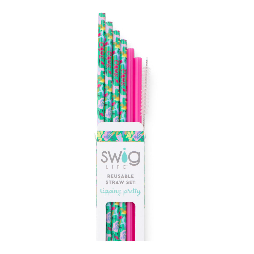 Swig Life Paradise + Hot Pink Reusable Straw Set with six straws and cleaning brush - Swig Life