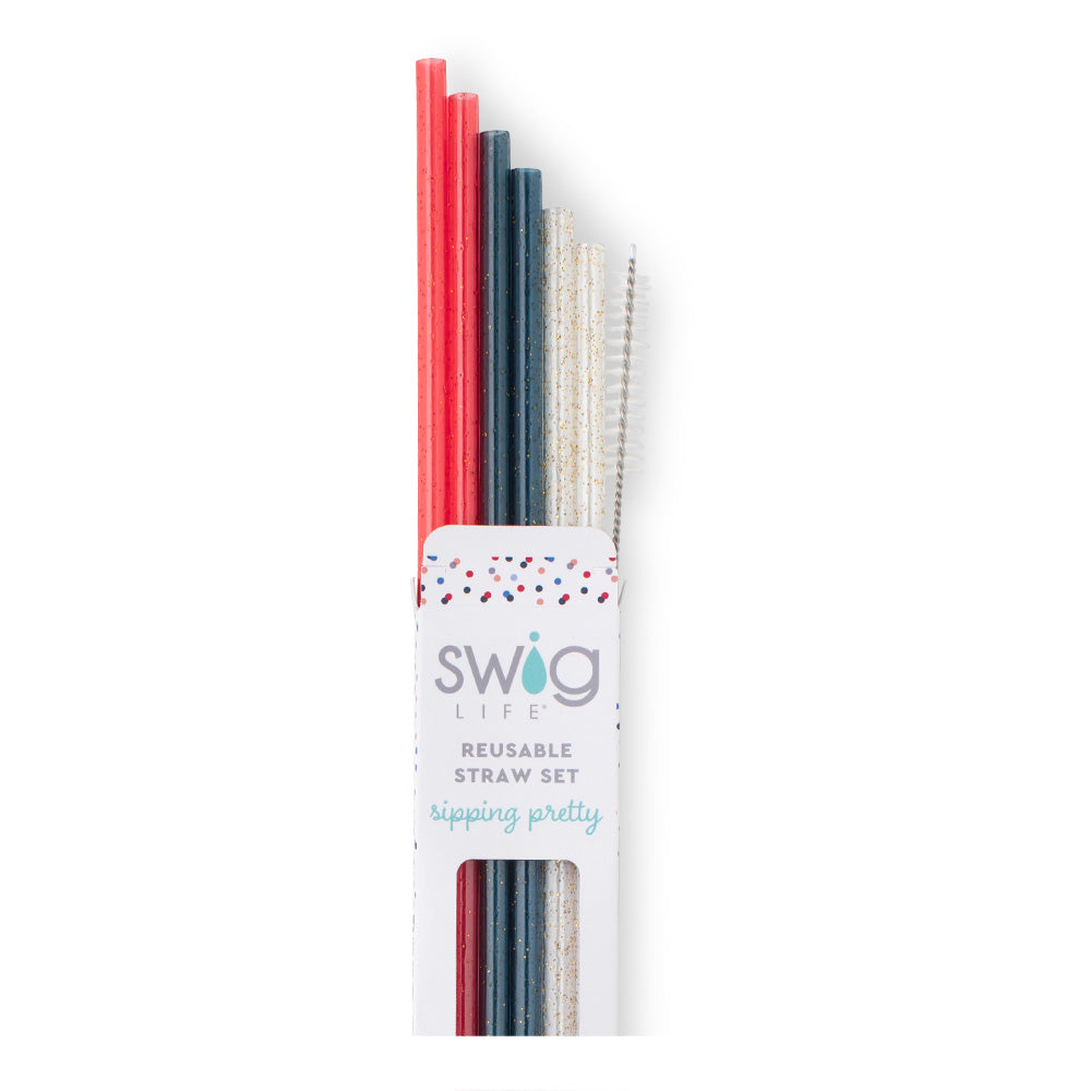 Swig Life Red, White & Blue Glitter Reusable Straw Set with six straws and cleaning brush - Swig Life