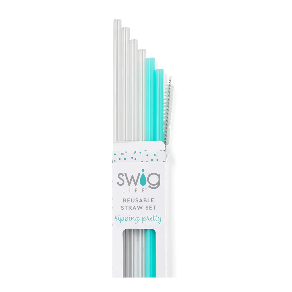 Clear + Aqua Reusable Straw Set - Swig Life