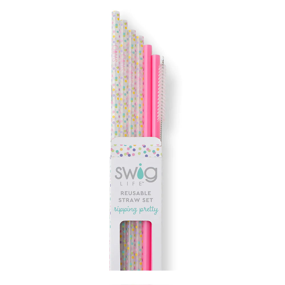 Swig Life Confetti + Pink Reusable Straw Set with six straws and cleaning brush - Swig Life