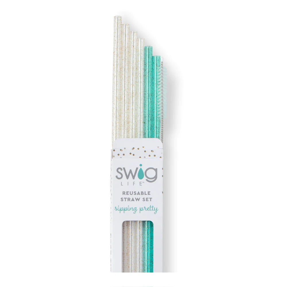 Glitter Clear + Aqua Reusable Straw Set - Swig Life