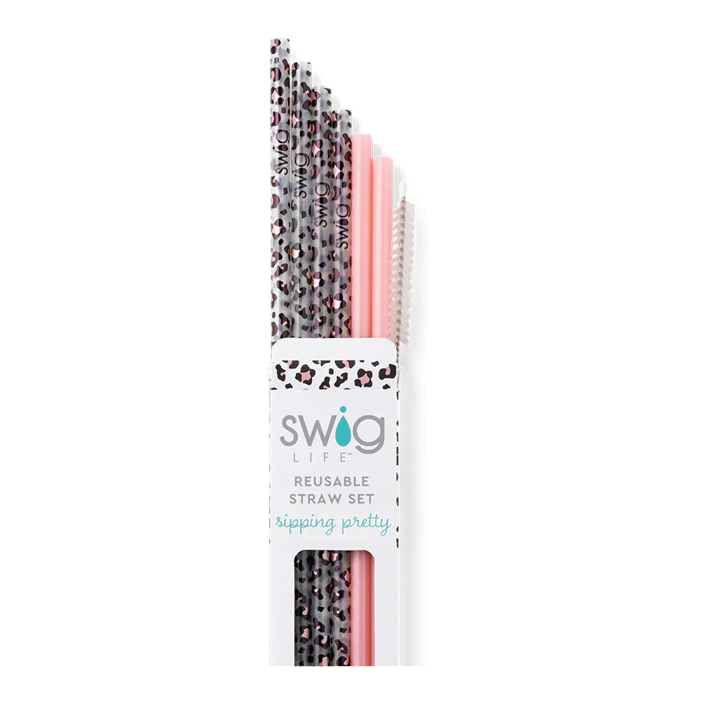 Swig Life Luxy Leopard + Blush Reusable Straw Set with six straws and cleaning brush - Swig Life