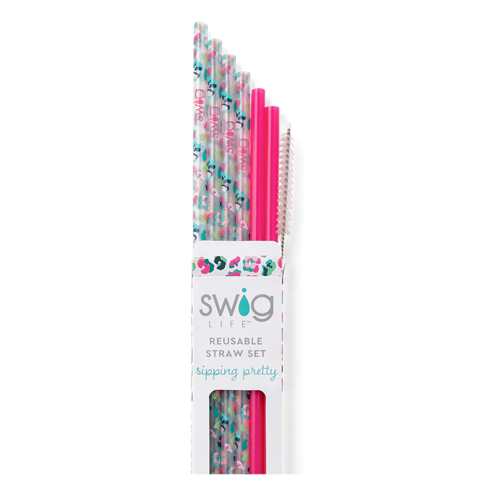 Swig Life Party Animal + Hot Pink Reusable Straw Set with six straws and cleaning brush - Swig Life