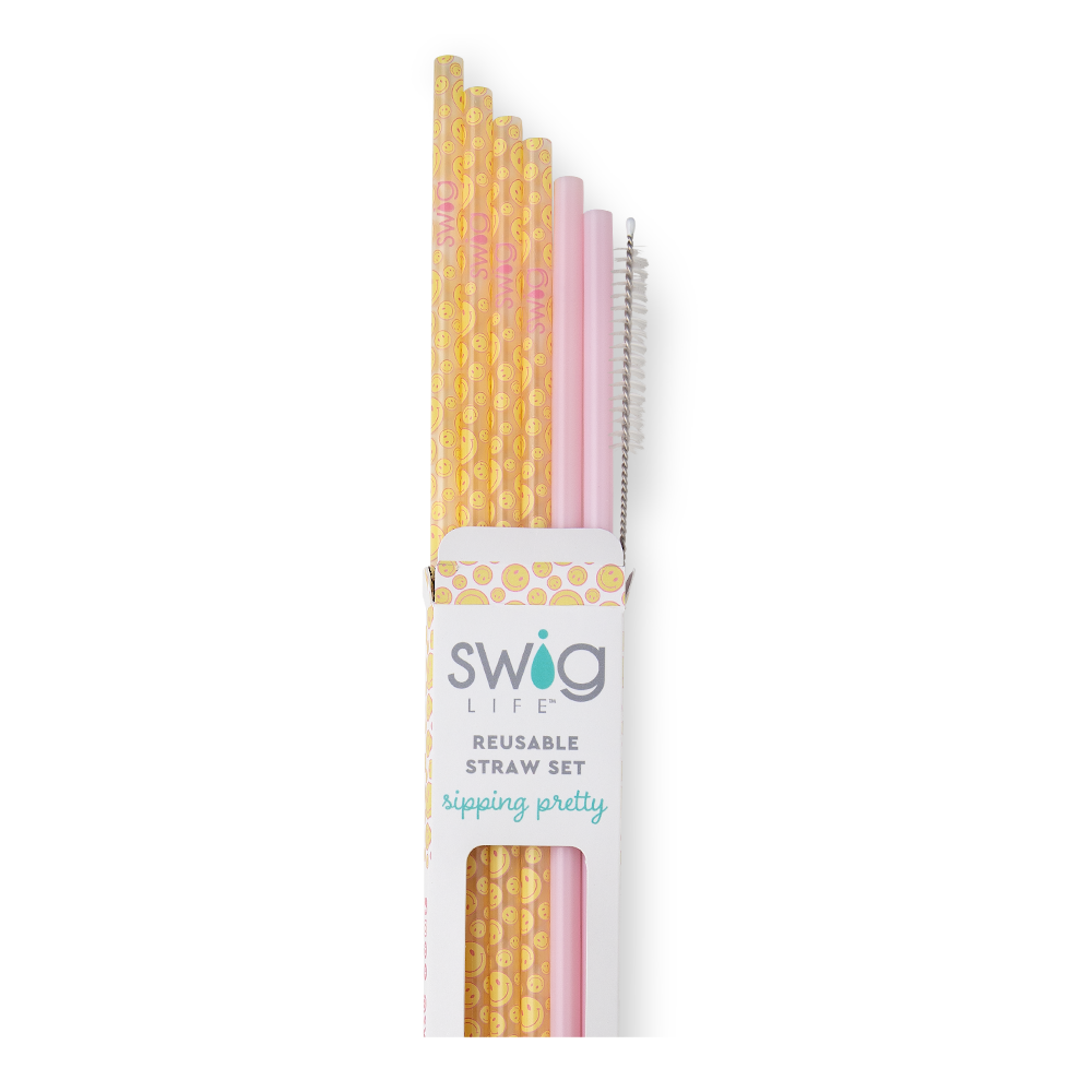 Swig Life Oh Happy Day + Pink Reusable Straw Set with six straws and cleaning brush - Swig Life