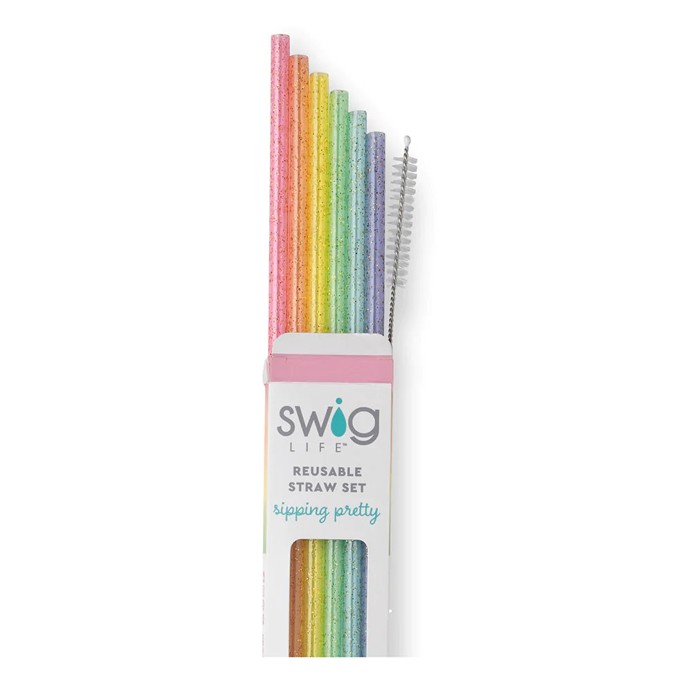 Swig Life Rainbow Glitter Reusable Straw Set with six straws and cleaning brush - Swig Life